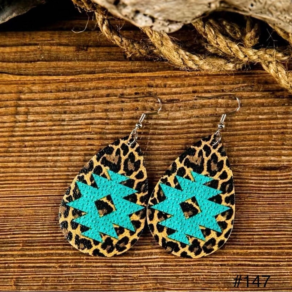 #147 | Turquoise Aztec & Leopard Pattern Teardrop Dangle Earrings